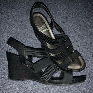 Like-new Black Impo Strappy Strechy Wedge Heels